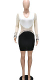 White Wowen Fashion Deep V Collar Sexy Color Matching Bling Bling Hip Mini Dress CCY9336
