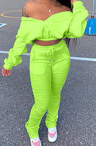 Neon Green Women Batwing Sleeve Pure Color Long Sleeve Crop Ruffle Pants Sets LD8768-5