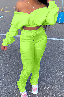 Neon Green Women Batwing Sleeve Pure Color Long Sleeve Crop Ruffle Pants Sets LD8768-5