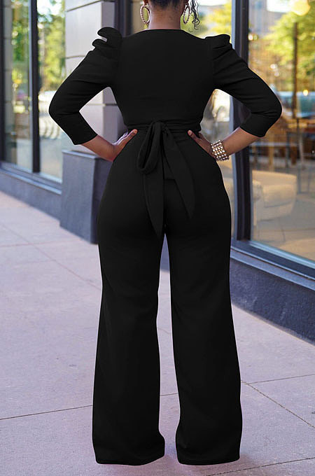 Orange Red Sexy Pure Color Puff Sleeve V Neck Back Bandage Crop Tops Wide Leg Pants Sets ZMM9126-3