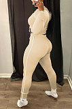 White Modest Shirred Detail Side Stripe Long Sleeve Dew Waist Tops Pencil Pants Slim Fitting Sets YYF8257-1
