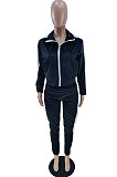 Yellow Wholesale Velvet Side White Stripe Cardigan Zip Front Jacket Coat Trousers Sport Sets BM7235-4
