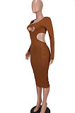 Brown Women Pure Color Bodycon Ribber Hole Long Sleeve Midi Dress ED1080-1