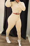 White Modest Shirred Detail Side Stripe Long Sleeve Dew Waist Tops Pencil Pants Slim Fitting Sets YYF8257-1