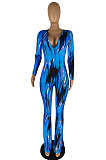 Orange Wholesale Women Printing Long Sleeve V Neck Collect Waist Flare Jumpsuits ZMM9125-1