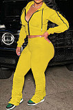 Orange Euramerican Women Autumn Pure Color Zipper Hooded Top Ruffle Pants Sets XQ1146-6