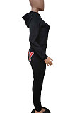 Black Women Solid Color Hooded Top Sport Letters Printing Pants Sets LD8796-2