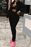Pink Women Trendy Casual Thin Velvet Pure Color Long Sleeve Cardigan Zipper Pants Sets ED1074-1