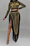 Red Women Long Sleeve Round Collar Hot Drilling Sexy Side High Split Tassel Skirts Sets CCY9327-2