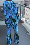 Orange Wholesale Women Printing Long Sleeve V Neck Collect Waist Flare Jumpsuits ZMM9125-1