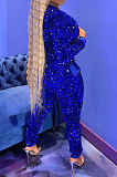 Peacock Blue Night Club Casual Saquins Long Sleeve Zip Front Coat Trousers Sets YYF8260-1