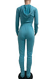 Sky Blue Euramerican Women Autumn Pure Color Zipper Hooded Top Ruffle Pants Sets XQ1146-1