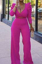 Rose Red Sexy Pure Color Puff Sleeve V Neck Back Bandage Crop Tops Wide Leg Pants Sets ZMM9126-2