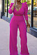 Rose Red Sexy Pure Color Puff Sleeve V Neck Back Bandage Crop Tops Wide Leg Pants Sets ZMM9126-2