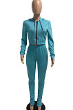 Orange Euramerican Women Autumn Pure Color Zipper Hooded Top Ruffle Pants Sets XQ1146-6