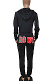 Black Women Solid Color Hooded Top Sport Letters Printing Pants Sets LD8796-2