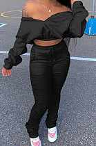 Black Women Batwing Sleeve Pure Color Long Sleeve Crop Ruffle Pants Sets LD8768-4