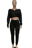 Gray Women Batwing Sleeve Pure Color Long Sleeve Crop Ruffle Pants Sets LD8768-3