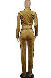 Khaki Women Long Sleeve Cardigan Zipper Pleuche Pure Color Spliced Pants Sets FFE187-1