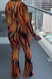 Rose Red Wholesale Women Printing Long Sleeve V Neck Collect Waist Flare Jumpsuits ZMM9125-3