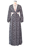 Camel White Sexy Snakeskin Long Sleeve V Neck Hollow Out Collect Waist Long Dress ZS0427-2