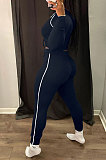 Grey Modest Shirred Detail Side Stripe Long Sleeve Dew Waist Tops Pencil Pants Slim Fitting Sets YYF8257-5
