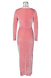 Wine Red Fashion Sexy Velvet Long Sleeve Square Neck For Party High Slits Slim Fitting Dress ZS0428-1