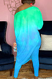 Purple Tie Dye Design Printing Long Sleeve Oblique Shoulder Tops Skinny Pants Casual Sets YNS1680-3