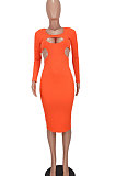 Orange Red Women Pure Color Bodycon Ribber Hole Long Sleeve Midi Dress ED1080-3
