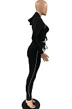 White Modest Shirred Detail Side Stripe Long Sleeve Dew Waist Tops Pencil Pants Slim Fitting Sets YYF8257-1