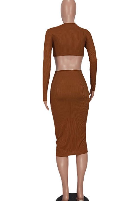 Orange Red Women Pure Color Bodycon Ribber Hole Long Sleeve Midi Dress ED1080-3