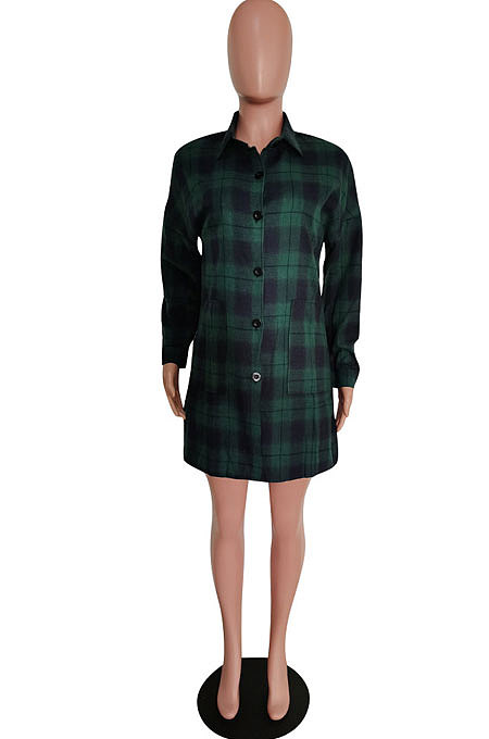 Green Wholesale New Plaid Long Sleeve Lapel Neck Single-Breasted Shirt Dress F88314-2