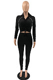 Grey Modest Shirred Detail Side Stripe Long Sleeve Dew Waist Tops Pencil Pants Slim Fitting Sets YYF8257-5