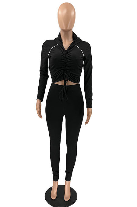 Black Modest Shirred Detail Side Stripe Long Sleeve Dew Waist Tops Pencil Pants Slim Fitting Sets YYF8257-4