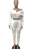 Yellow Women Batwing Sleeve Pure Color Long Sleeve Crop Ruffle Pants Sets LD8768-2
