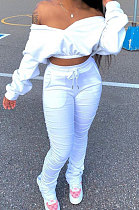 White Women Batwing Sleeve Pure Color Long Sleeve Crop Ruffle Pants Sets LD8768-1