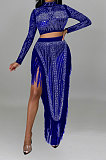 Red Women Long Sleeve Round Collar Hot Drilling Sexy Side High Split Tassel Skirts Sets CCY9327-2