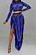 Blue Women Long Sleeve Round Collar Hot Drilling Sexy Side High Split Tassel Skirts Sets CCY9327-4
