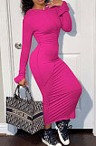 Lotus Pink Women Fashion Long Sleeve Solid Color Cotton Hooded Mid Waist Long Dress ED1073-3
