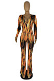 Rose Red Wholesale Women Printing Long Sleeve V Neck Collect Waist Flare Jumpsuits ZMM9125-3