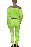 Gray Women Batwing Sleeve Pure Color Long Sleeve Crop Ruffle Pants Sets LD8768-3