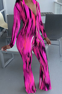 Rose Red Wholesale Women Printing Long Sleeve V Neck Collect Waist Flare Jumpsuits ZMM9125-3