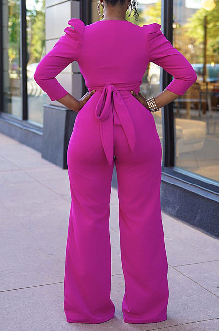 Orange Red Sexy Pure Color Puff Sleeve V Neck Back Bandage Crop Tops Wide Leg Pants Sets ZMM9126-3