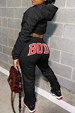 Black Women Solid Color Hooded Top Sport Letters Printing Pants Sets LD8796-2