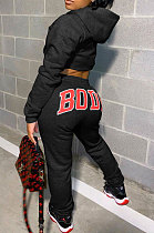 Black Women Solid Color Hooded Top Sport Letters Printing Pants Sets LD8796-2