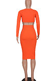 Brown Women Pure Color Bodycon Ribber Hole Long Sleeve Midi Dress ED1080-1