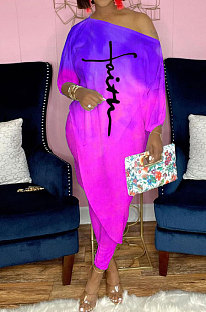 Purple Tie Dye Design Printing Long Sleeve Oblique Shoulder Tops Skinny Pants Casual Sets YNS1680-3