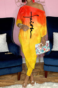 Yellow Tie Dye Design Printing Long Sleeve Oblique Shoulder Tops Skinny Pants Casual Sets YNS1680-1