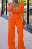 Black Sexy Pure Color Puff Sleeve V Neck Back Bandage Crop Tops Wide Leg Pants Sets ZMM9126-1