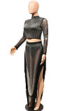 Red Women Long Sleeve Round Collar Hot Drilling Sexy Side High Split Tassel Skirts Sets CCY9327-2